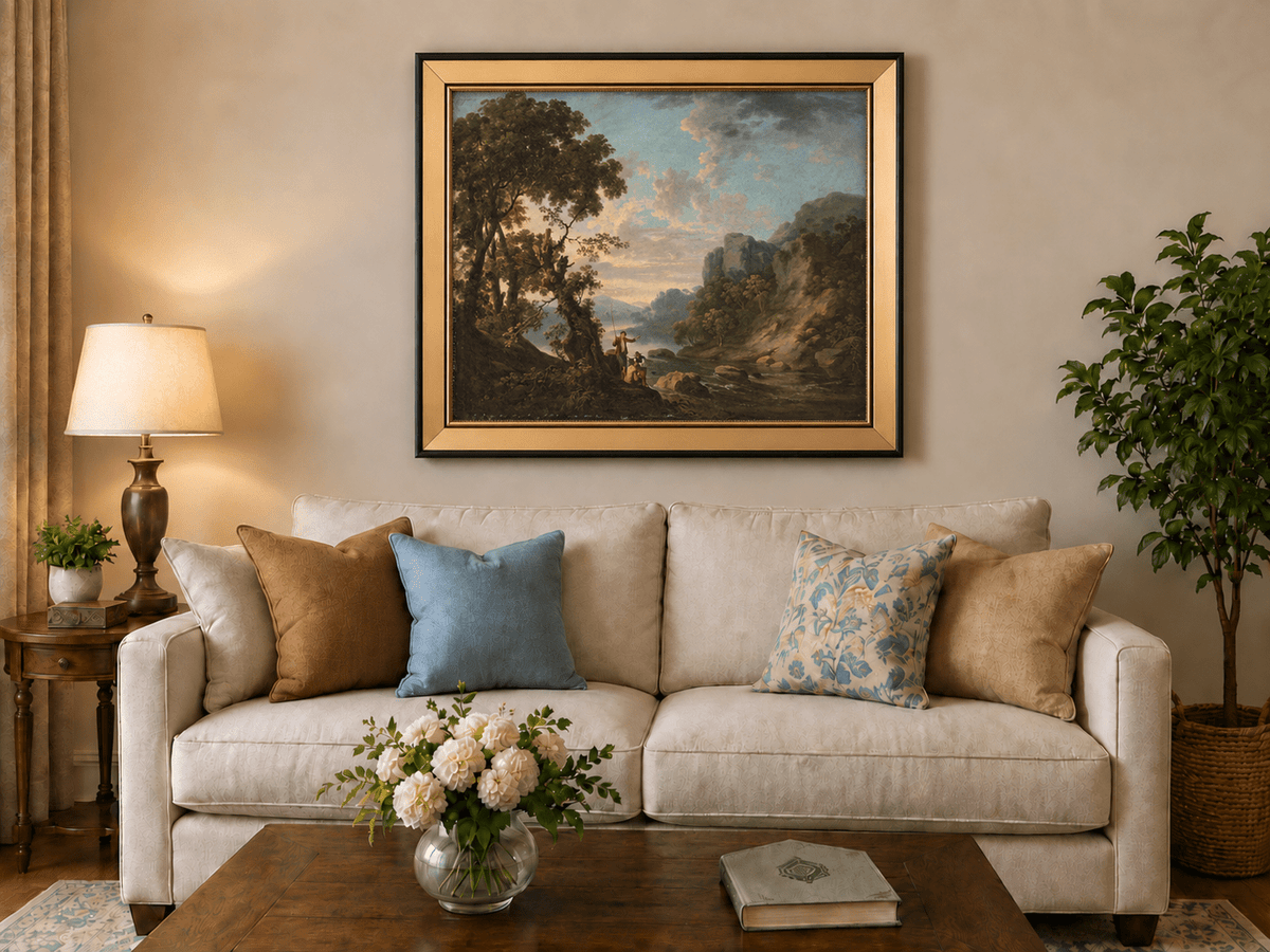 Peinture à l'huile de paysage - Village côtier avec phare et coucher de soleil