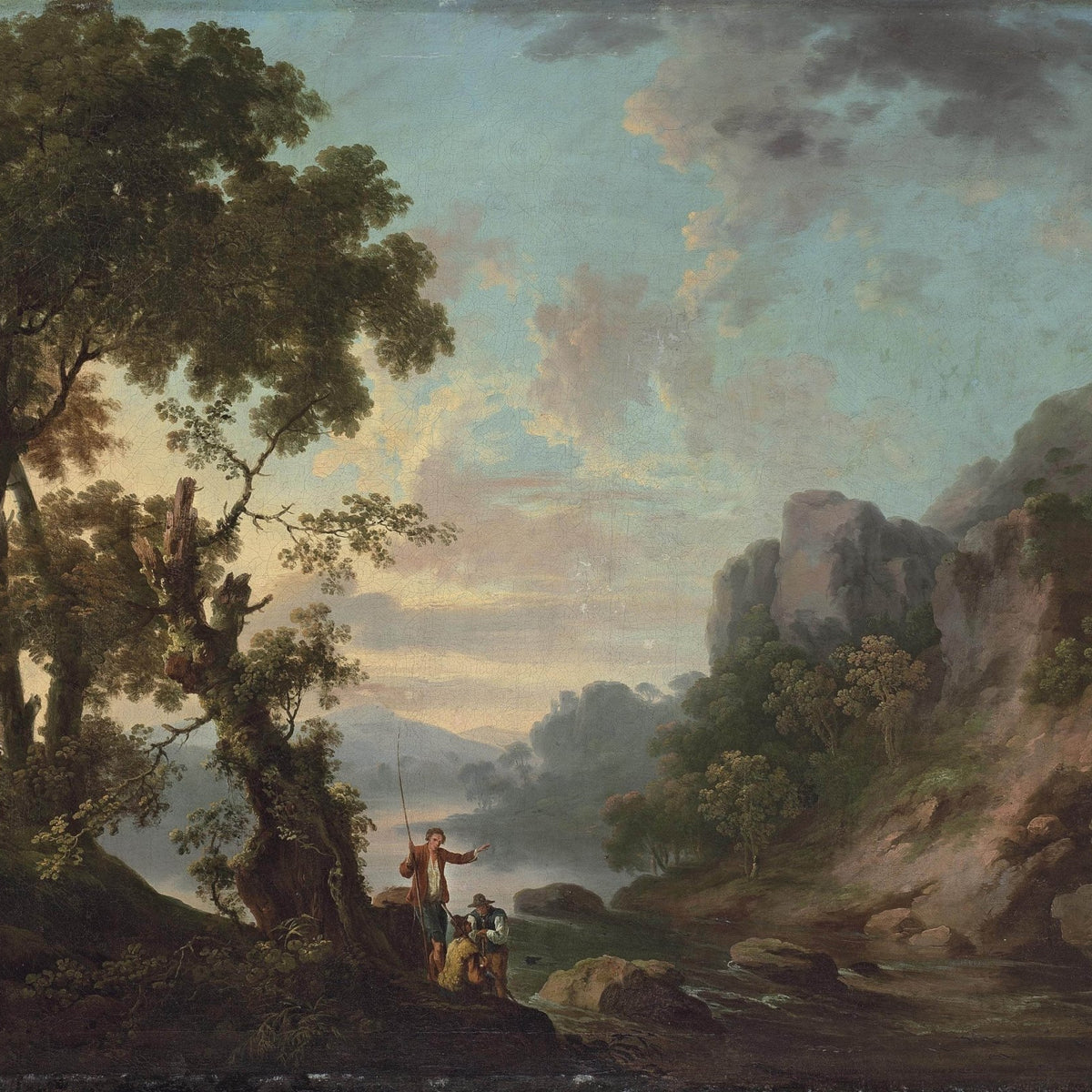 Hand-painted rocky river valley with anglers landscape oil painting on canvas