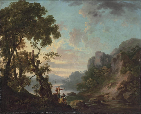 Hand-painted rocky river valley with anglers landscape oil painting on canvas