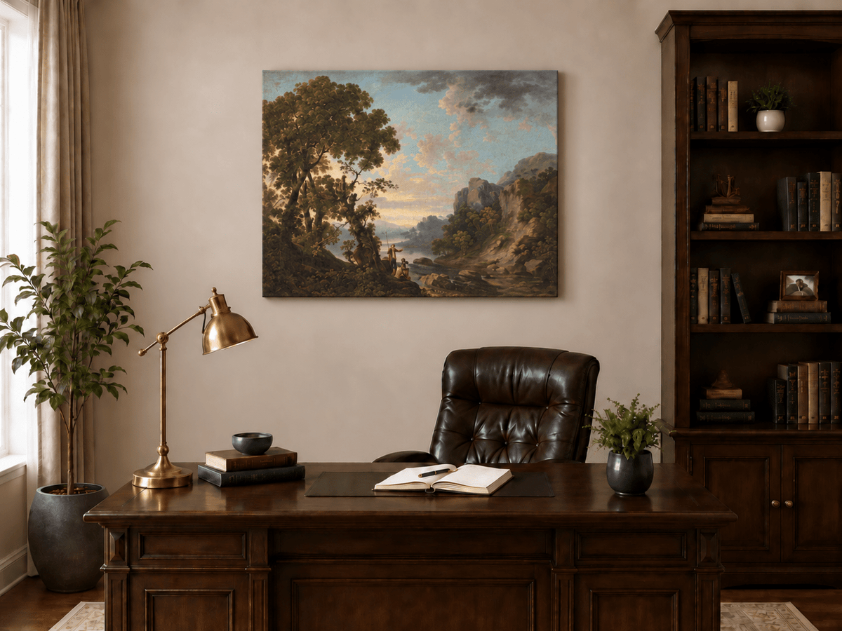 Peinture à l'huile de paysage - Village côtier avec phare et coucher de soleil