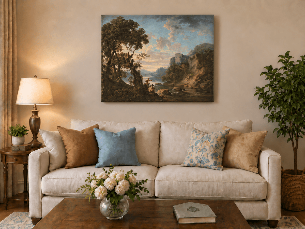 Peinture à l'huile de paysage - Village côtier avec phare et coucher de soleil