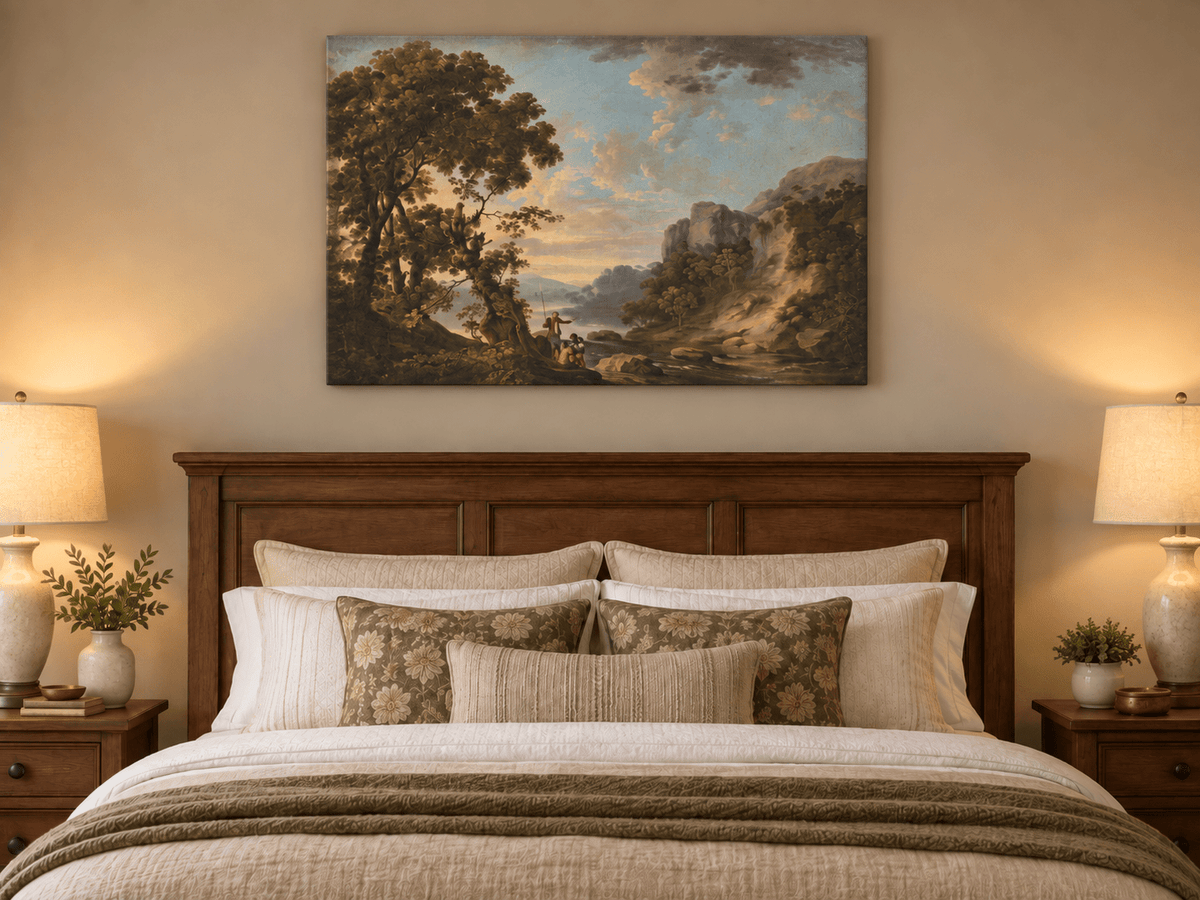 Peinture à l'huile de paysage - Village côtier avec phare et coucher de soleil