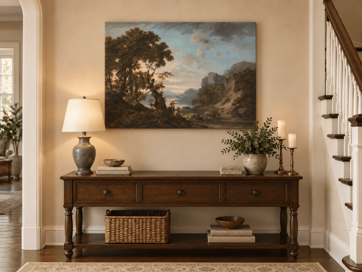 Peinture à l'huile de paysage - Village côtier avec phare et coucher de soleil