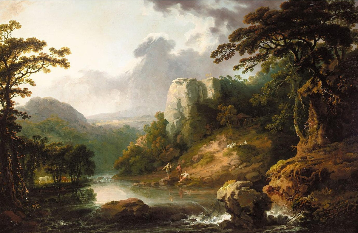 Hand-painted rocky river valley with pines and cliffs landscape oil painting on canvas