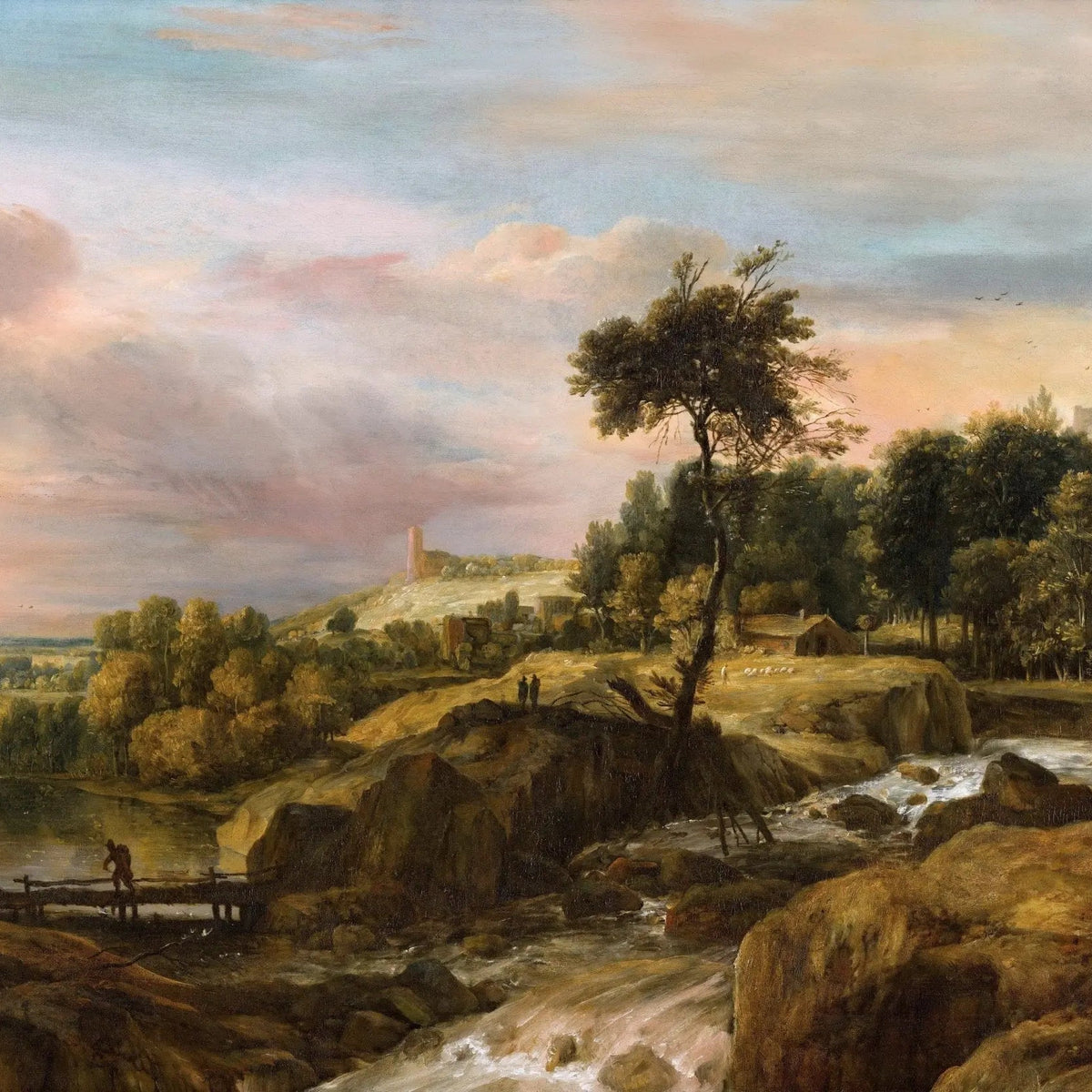 Landscape Oil Painting - Rocky River with Figures & Structures - Oil Painting Haven