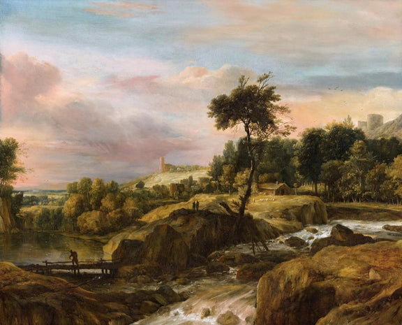 Landscape Oil Painting - Rocky River with Figures & Structures - Oil Painting Haven