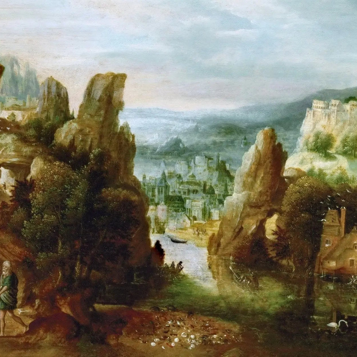 Landscape Oil Painting - Rocky River with Figures & Town - Oil Painting Haven