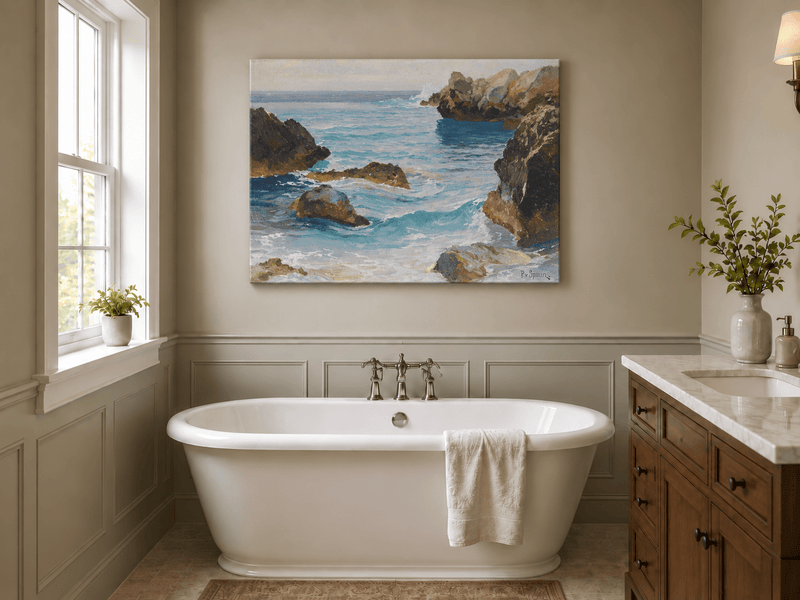 Landscape Oil Painting - Rocky Seascape Waves | Hand-Painted