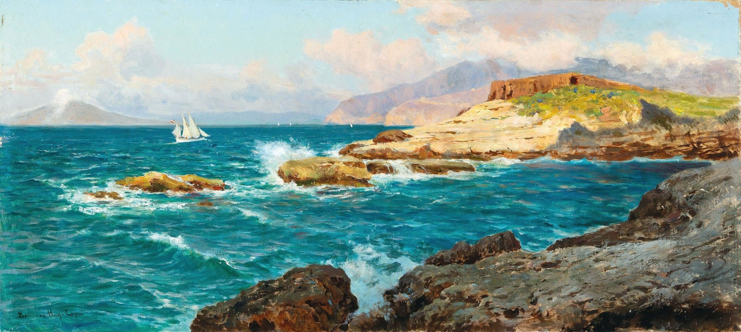 Landscape Oil Painting - Rocky Seascape with Sailboat and Waves - Oil Painting Haven