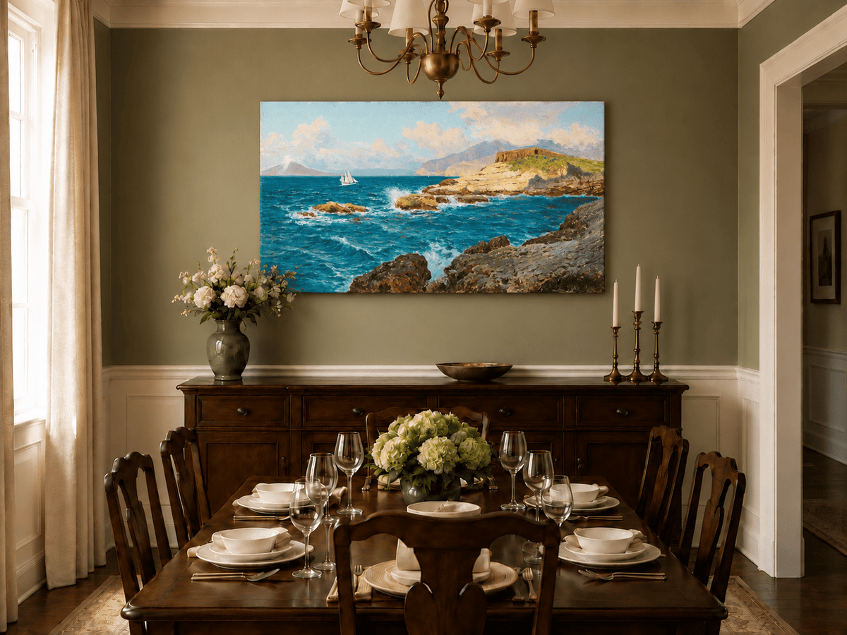 Landscape Oil Painting - Rocky Seascape with Sailboat and Waves