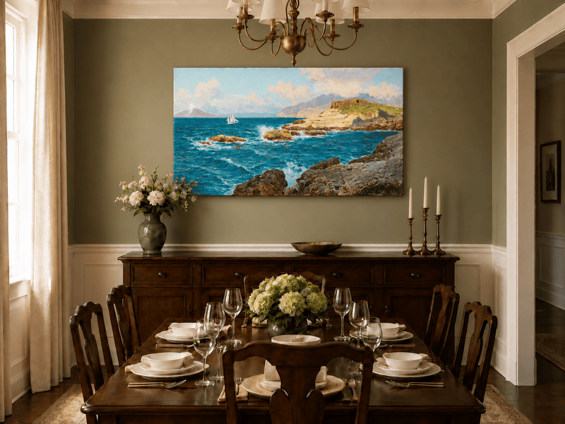 Landscape Oil Painting - Rocky Seascape with Sailboat and Waves