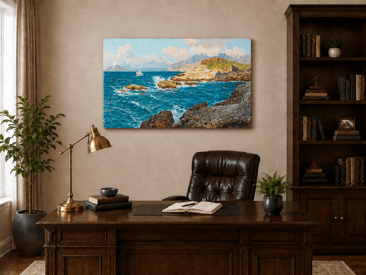 Landscape Oil Painting - Rocky Seascape with Sailboat and Waves