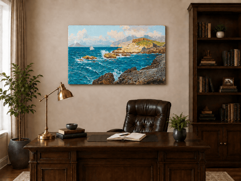 Landscape Oil Painting - Rocky Seascape with Sailboat and Waves