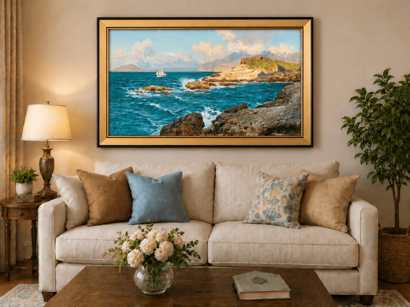 Landscape Oil Painting - Rocky Seascape with Sailboat and Waves