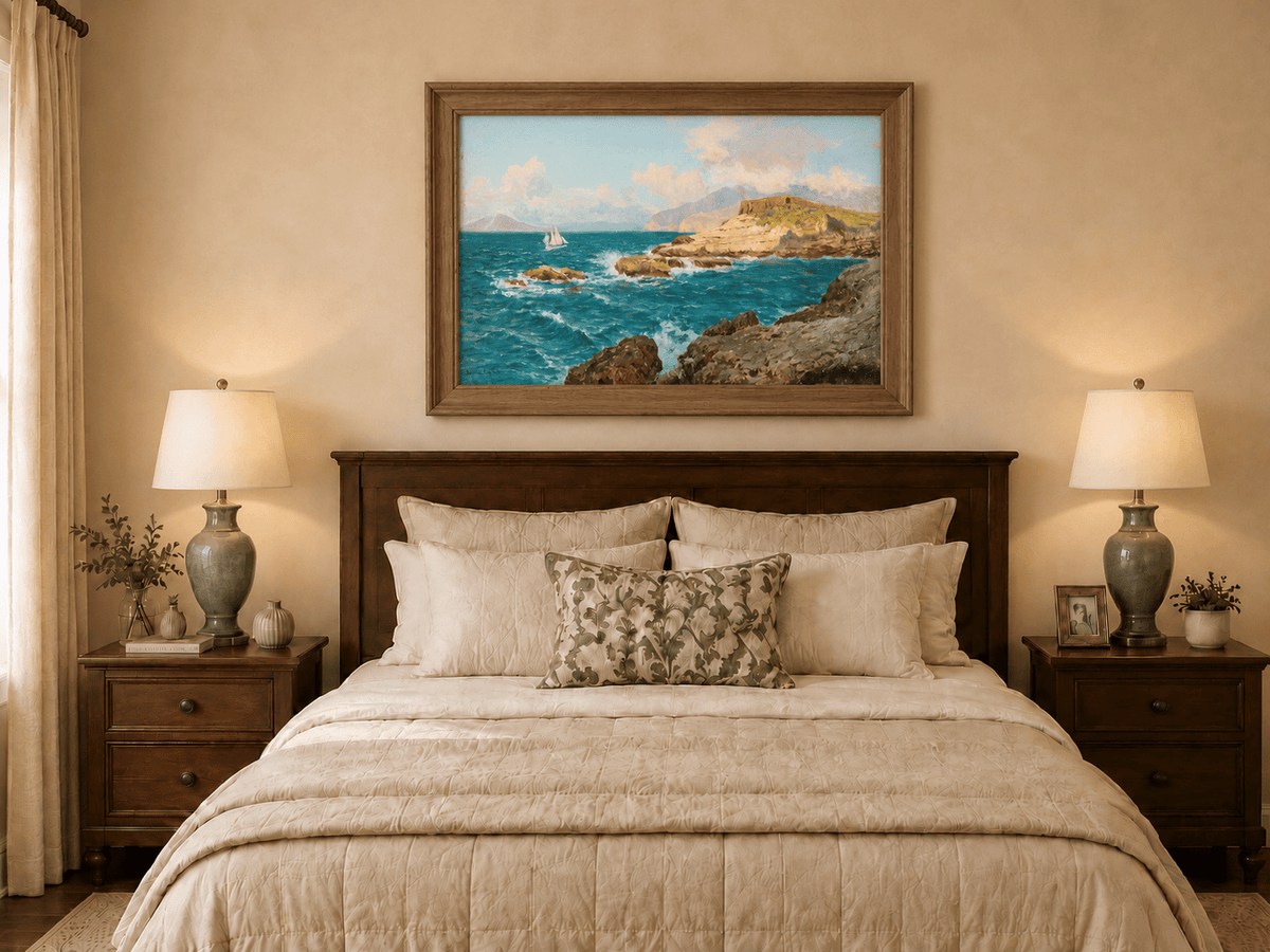 Landscape Oil Painting - Rocky Seascape with Sailboat and Waves