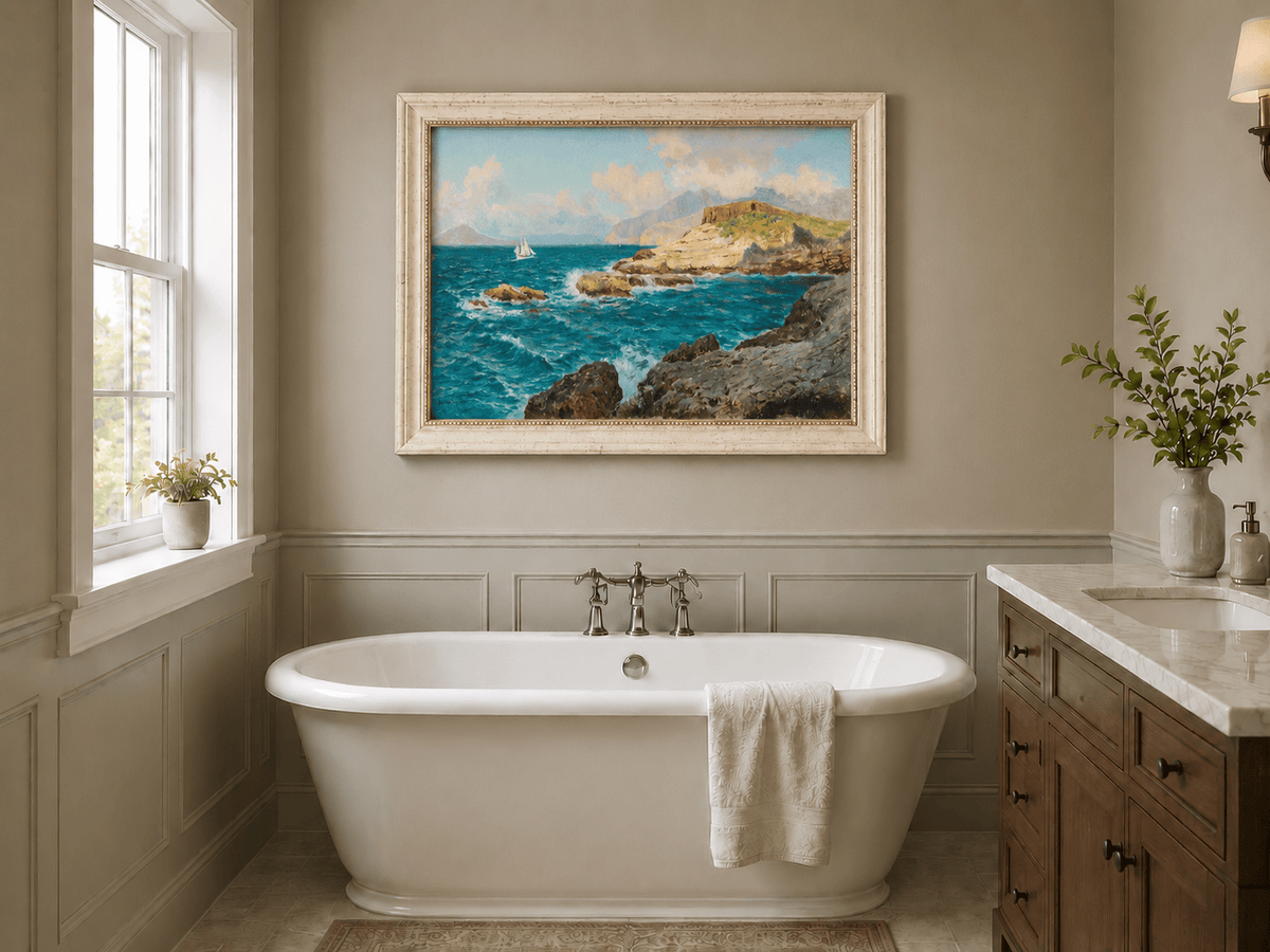 Landscape Oil Painting - Rocky Seascape with Sailboat and Waves