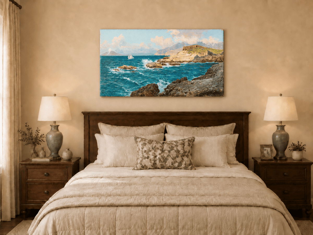 Landscape Oil Painting - Rocky Seascape with Sailboat and Waves