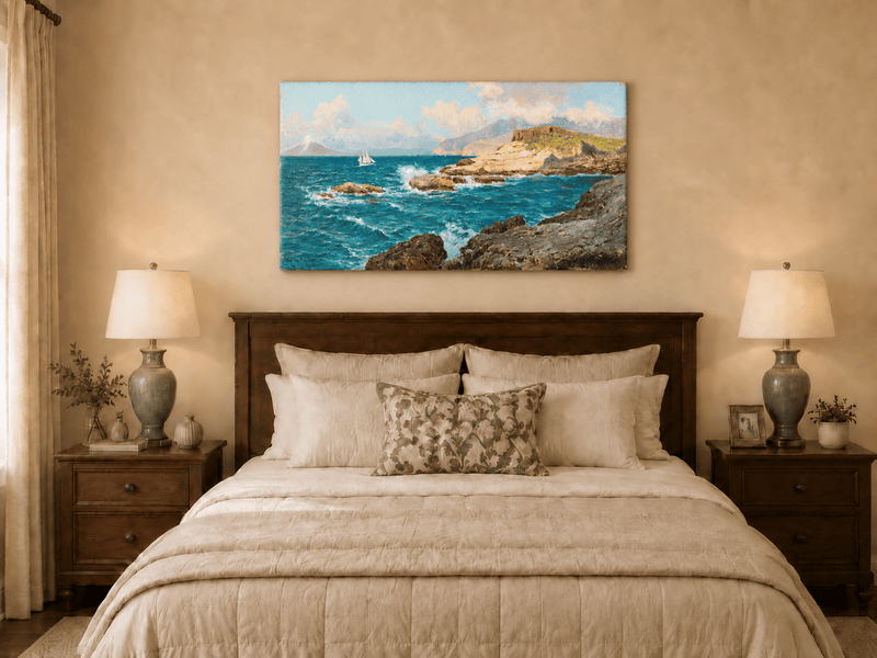 Landscape Oil Painting - Rocky Seascape with Sailboat and Waves