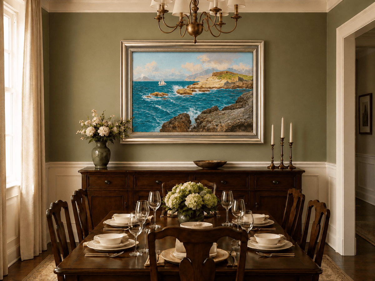 Landscape Oil Painting - Rocky Seascape with Sailboat and Waves