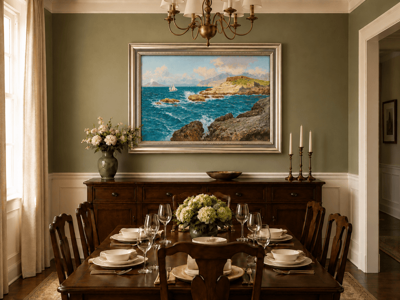 Landscape Oil Painting - Rocky Seascape with Sailboat and Waves