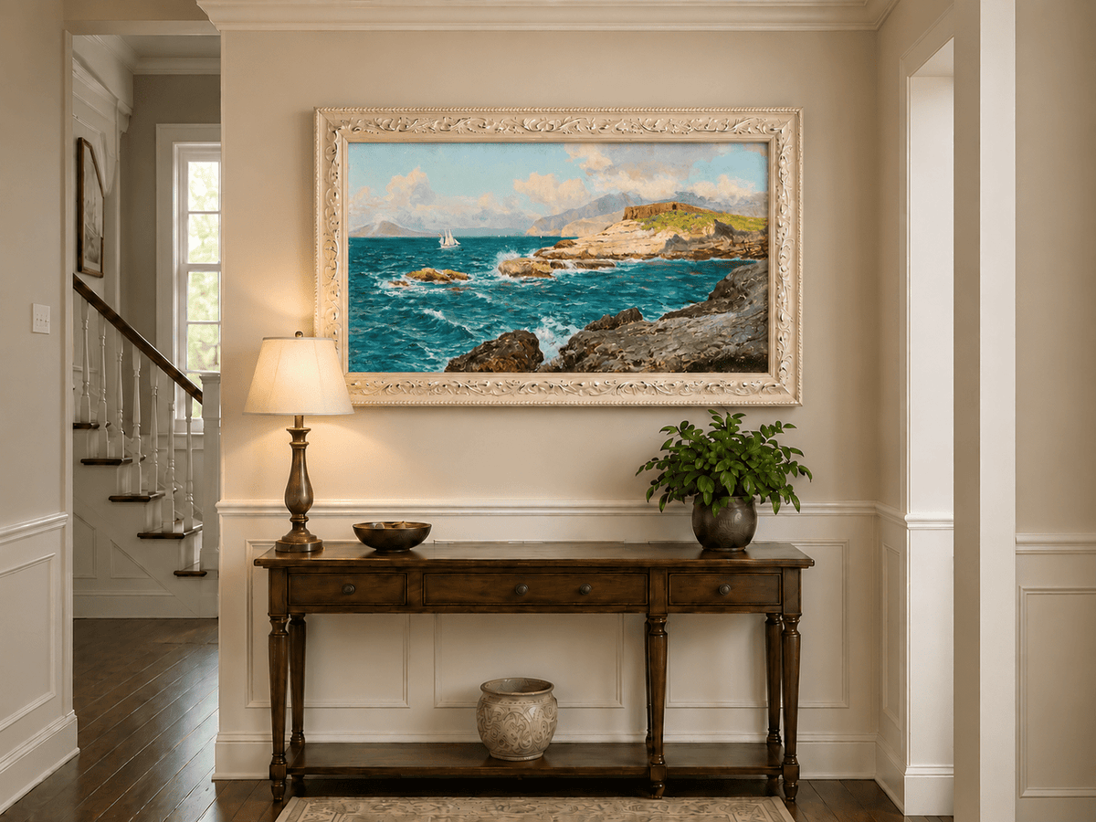 Landscape Oil Painting - Rocky Seascape with Sailboat and Waves