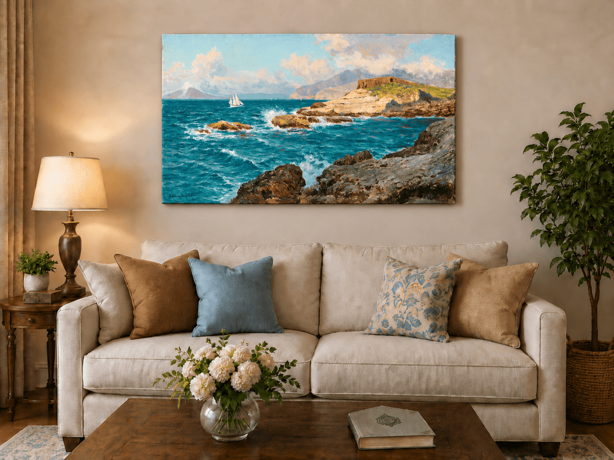Landscape Oil Painting - Rocky Seascape with Sailboat and Waves