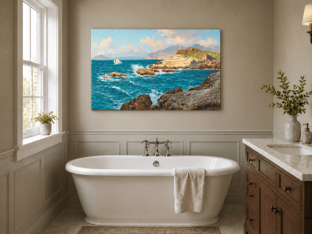 Landscape Oil Painting - Rocky Seascape with Sailboat and Waves
