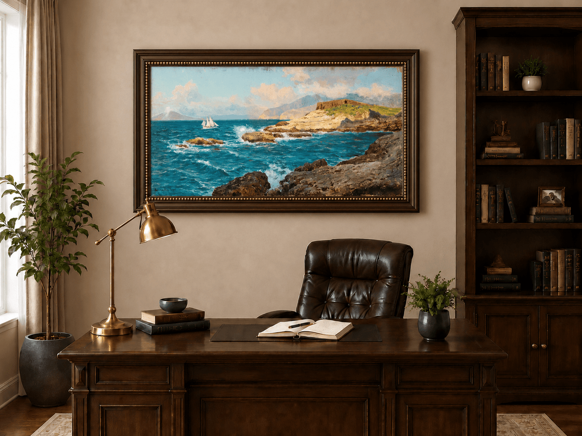 Landscape Oil Painting - Rocky Seascape with Sailboat and Waves