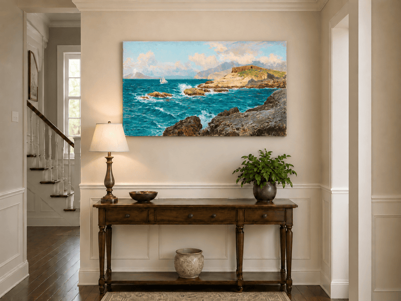 Landscape Oil Painting - Rocky Seascape with Sailboat and Waves