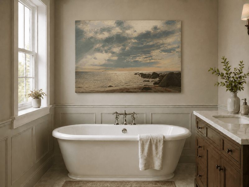 Landscape Oil Painting - Rocky Seashore Under Dramatic Clouds