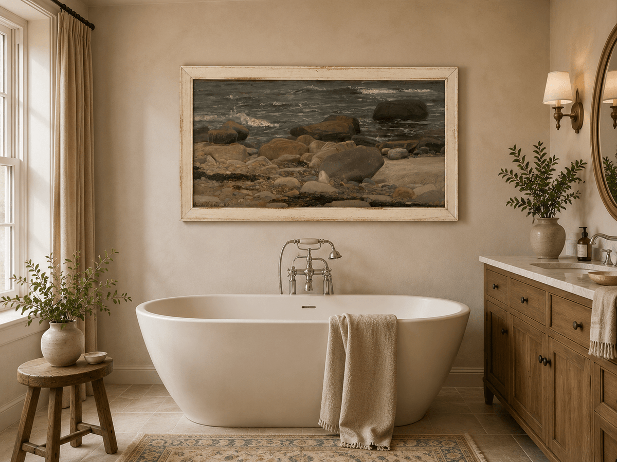 Landscape Oil Painting - Rocky Seashore with Gentle Ocean Waves