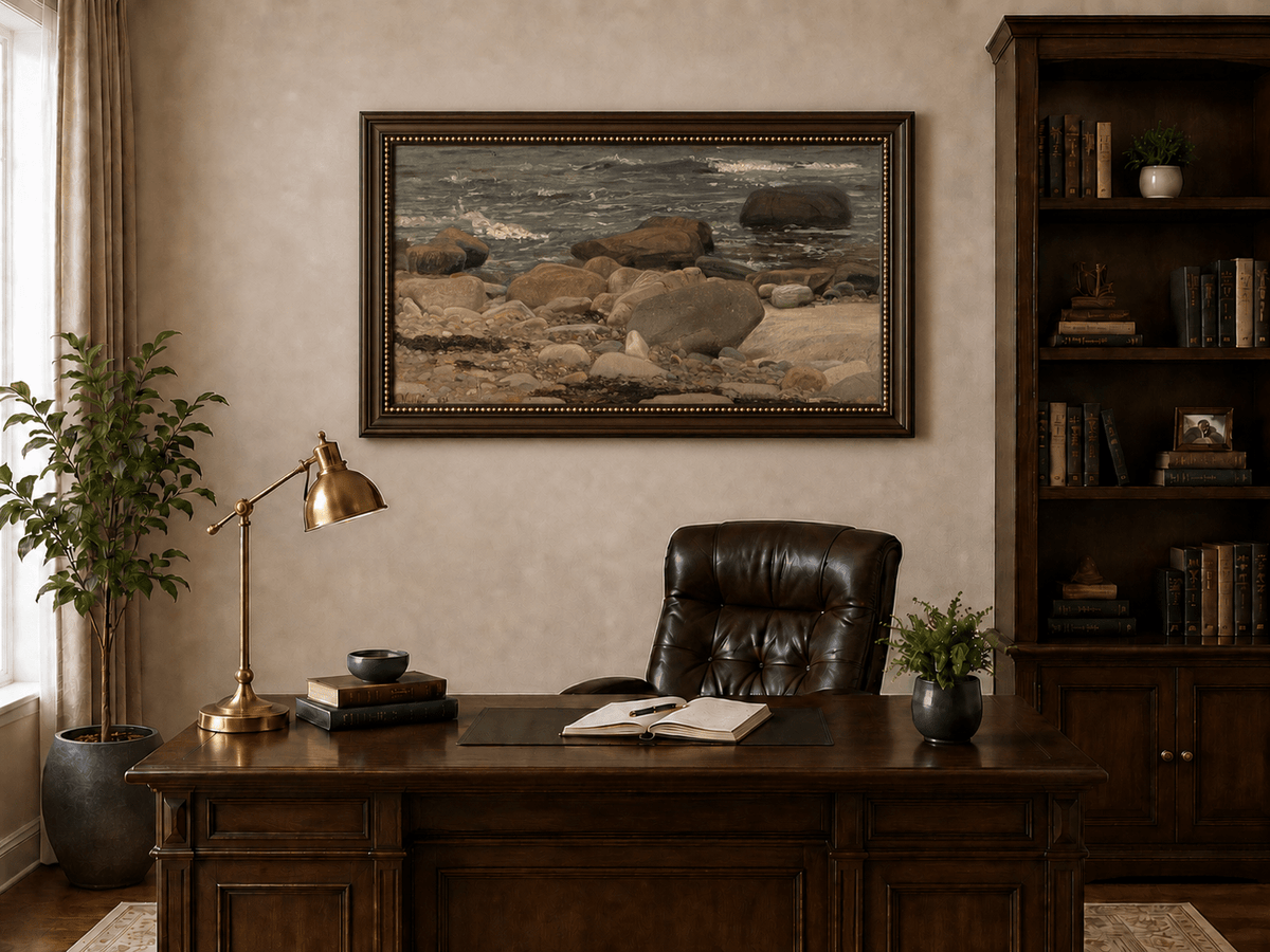 Landscape Oil Painting - Rocky Seashore with Gentle Ocean Waves