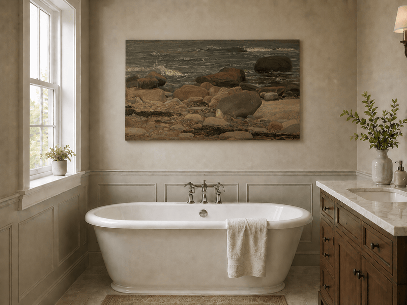 Landscape Oil Painting - Rocky Seashore with Gentle Ocean Waves