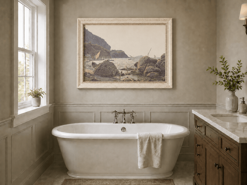Landscape Oil Painting - Rocky Seaside Cove with Sailboats
