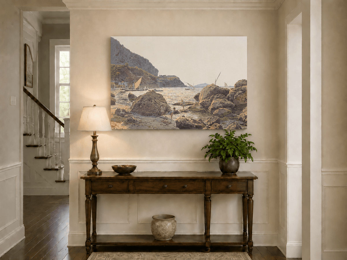 Landscape Oil Painting - Rocky Seaside Cove with Sailboats