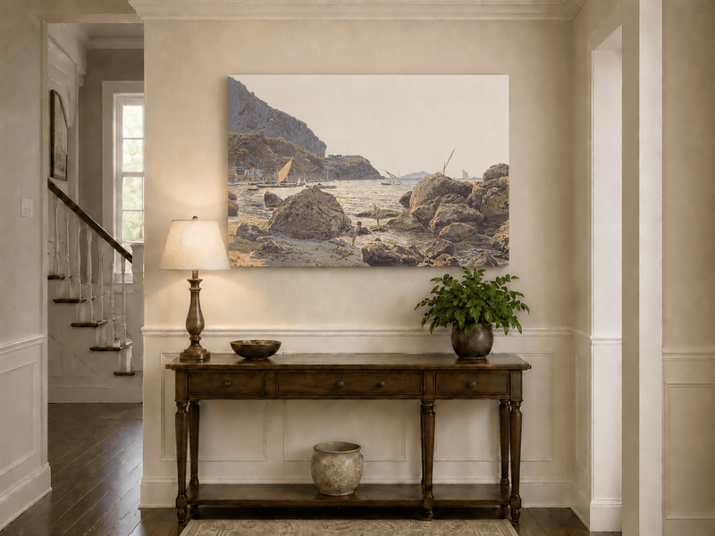 Landscape Oil Painting - Rocky Seaside Cove with Sailboats