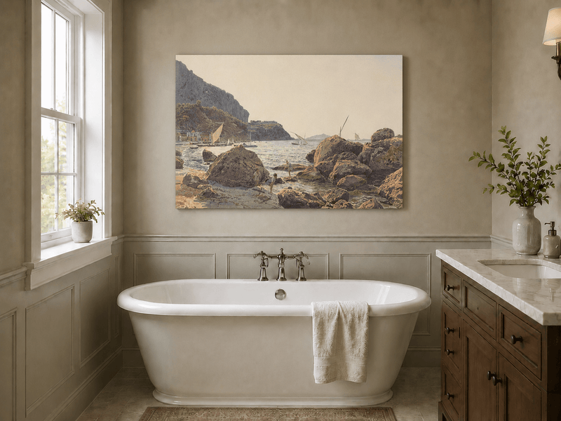 Landscape Oil Painting - Rocky Seaside Cove with Sailboats