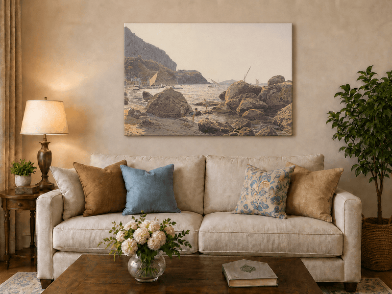 Landscape Oil Painting - Rocky Seaside Cove with Sailboats