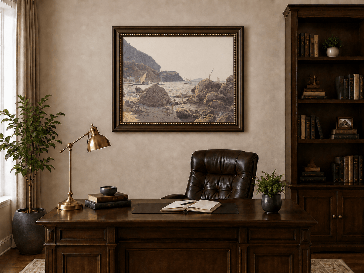 Landscape Oil Painting - Rocky Seaside Cove with Sailboats