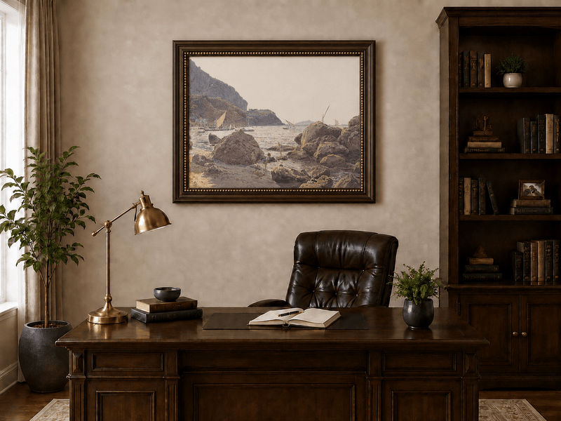 Landscape Oil Painting - Rocky Seaside Cove with Sailboats