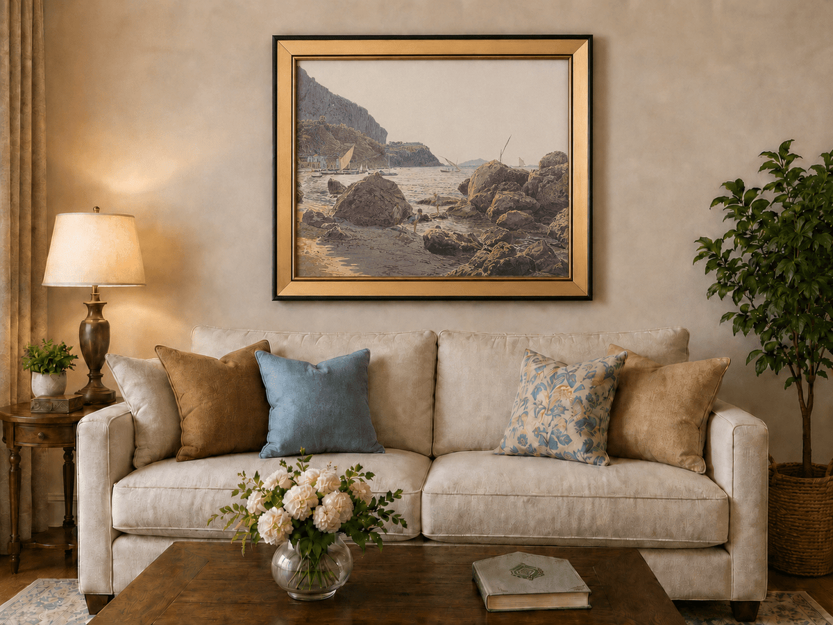 Landscape Oil Painting - Rocky Seaside Cove with Sailboats