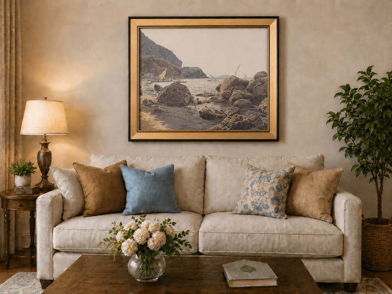 Landscape Oil Painting - Rocky Seaside Cove with Sailboats