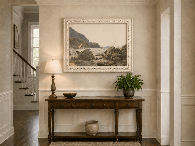 Landscape Oil Painting - Rocky Seaside Cove with Sailboats