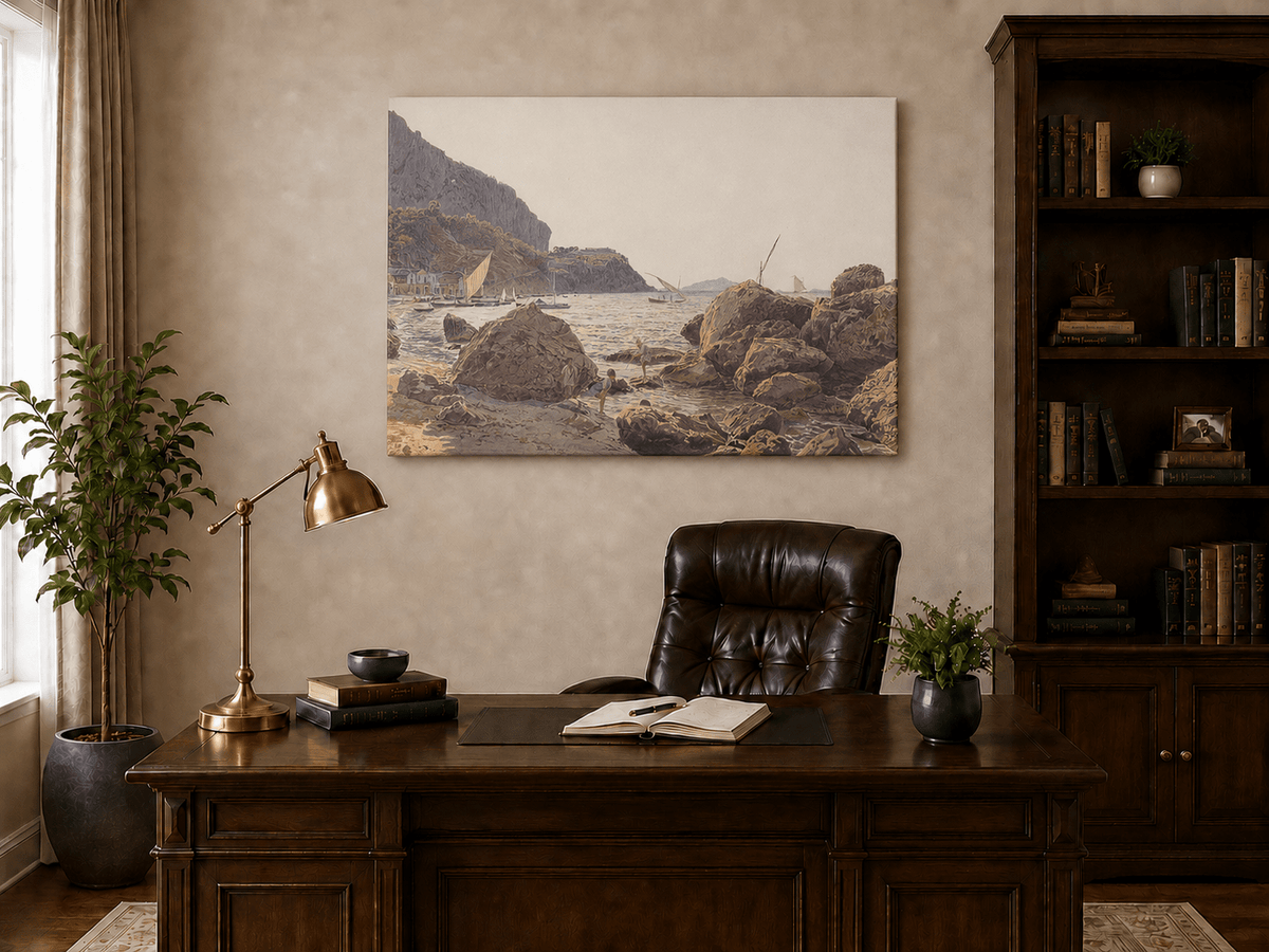 Landscape Oil Painting - Rocky Seaside Cove with Sailboats