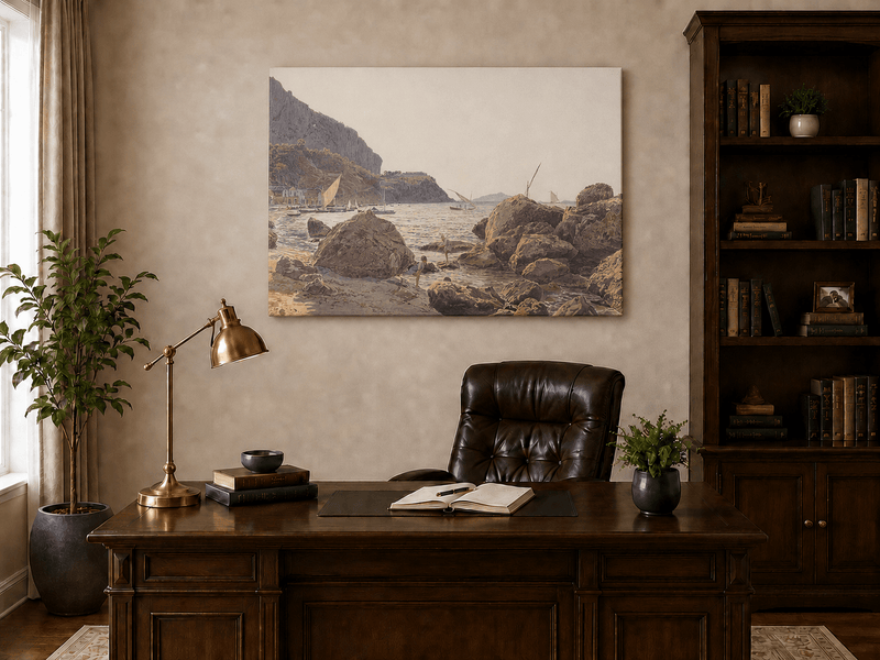 Landscape Oil Painting - Rocky Seaside Cove with Sailboats