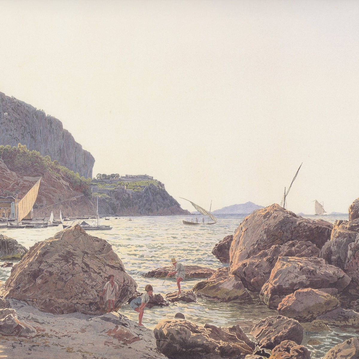 Landscape Oil Painting - Rocky Seaside Cove with Sailboats - Oil Painting Haven