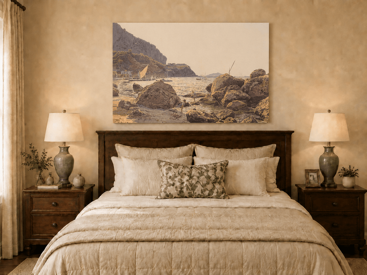Landscape Oil Painting - Rocky Seaside Cove with Sailboats
