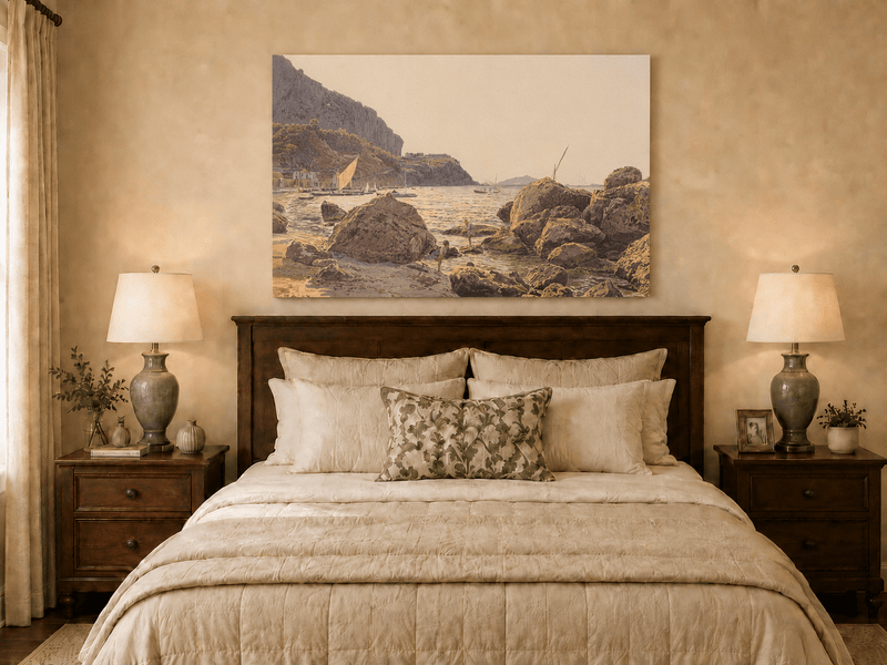 Landscape Oil Painting - Rocky Seaside Cove with Sailboats