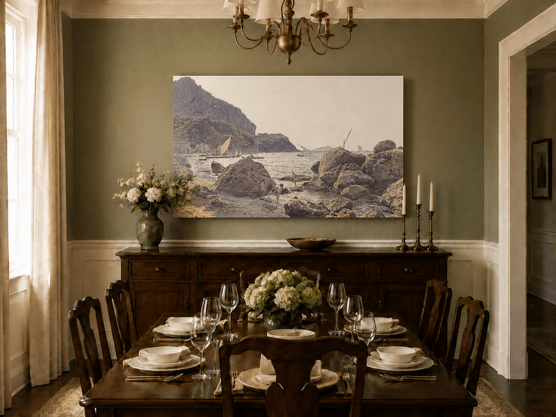 Landscape Oil Painting - Rocky Seaside Cove with Sailboats
