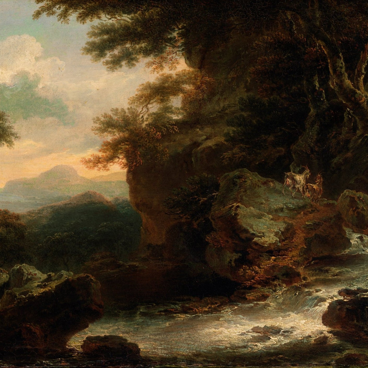 Hand-painted rocky stream with goats at sunset landscape oil painting on canvas